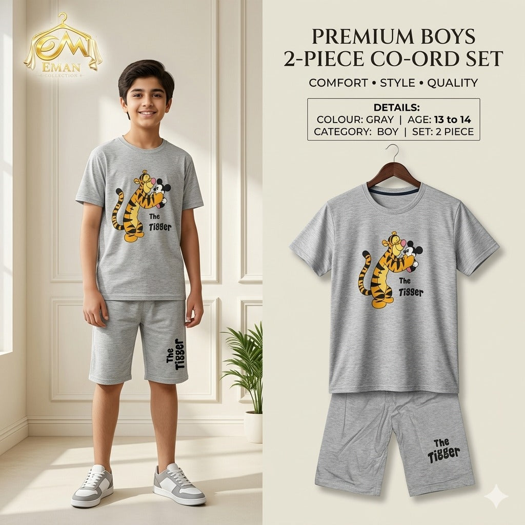 Premium Boys Grey Cotton 2 Piece Co-Ord Set – Cartoon Tiger Print | Summer Wear | Age 13-14